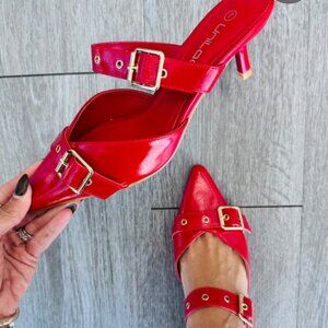 Red buckle up Kitten heel slip on slides/mules